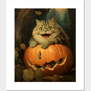 Retro Vintage: Chubby Cat and Pumpkin - Whimsical Autumn Halloween Delight Posters and Art